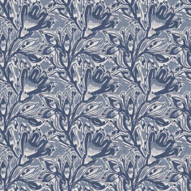 Fransız mavi botanik yaprağı keten desenli ve 2 tonluk kır evi motifli. Basit bir kırsal kumaş tekstil etkisi. İlkel, eski püskü, şık mutfak bezi tasarımı..