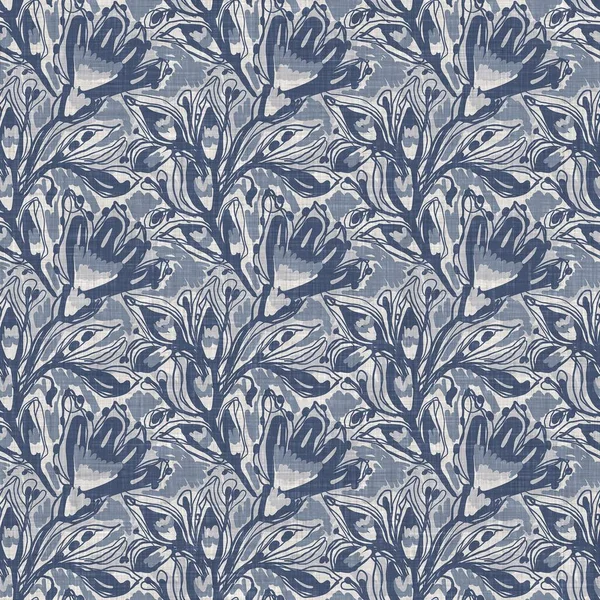 Fransız mavi botanik yaprağı keten desenli ve 2 tonluk kır evi motifli. Basit bir kırsal kumaş tekstil etkisi. İlkel, eski püskü, şık mutfak bezi tasarımı..