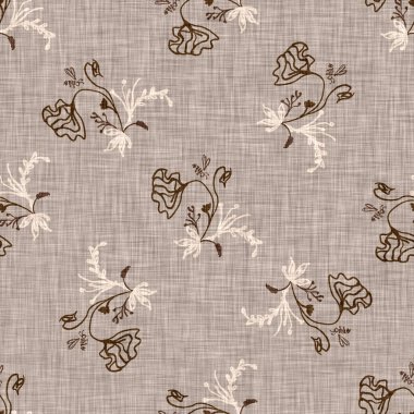 Kusursuz keten karalama çiçek desenli arka plan. Sakin boho dünya renginde duvar kağıdı. Basit modern skandi unisex çiçek tasarımı. Her yerde organik, çocuksu, cinsiyetsiz, tarafsız bir bebek var. El çizimi.