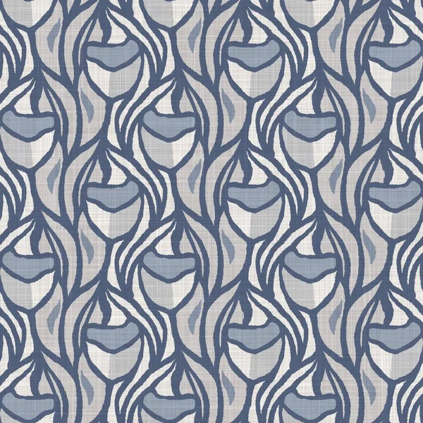 French blue doodle motif linen seamless pattern. Tonal country cottage style abstract scribble motif background. Simple vintage rustic fabric textile effect. Primitive drawing shabby chic cloth.