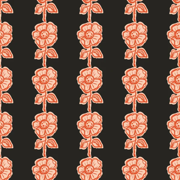 Dunkle Boho-Blüten mit nahtlosem Muster im trendigen ditsy Wildblumenstil. Handgezeichneter biologischer botanischer Modedruck. Moderne Sommergartenblüte in Vintage-Hüttenkern Trendfarbe. — Stockvektor