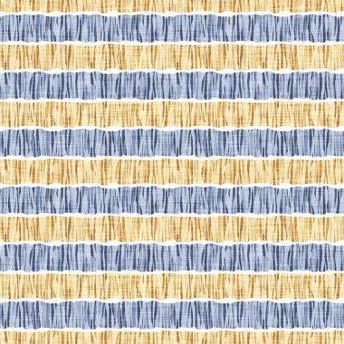 Kusursuz Fransız kırsal mutfak çizgili kumaş deseni. Mavi sarı beyaz yatay çizgili arka plan. Batik Boyası Kaynak Stili Kırsal Örgü Cottagecore Tekstili. 