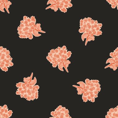 Koyu renkli boho çiçekleri, modaya uygun yaban çiçeği tarzında kusursuz desenli. El yapımı organik botanik moda baskısı. Modern yaz bahçesi, klasik kır evi çekirdek renginde çiçek açtı. 