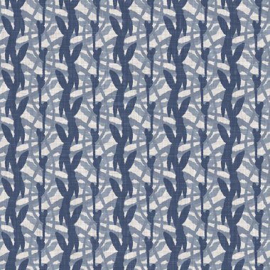 Fransız mavi botanik yaprağı keten desenli ve 2 tonluk kır evi motifli. Basit bir kırsal kumaş tekstil etkisi. İlkel, eski püskü, şık mutfak bezi tasarımı..