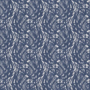 Fransız mavisi karalama motifli keten desenli. Tonal kır evi tarzı soyut karalama motifi arka planı. Basit bir kırsal kumaş tekstil etkisi. İlkel, pejmürde, şık bir kumaş..