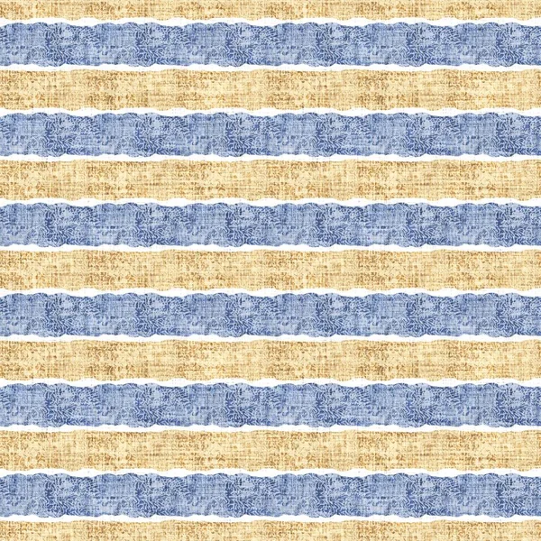 Kusursuz Fransız kırsal mutfak çizgili kumaş deseni. Mavi sarı beyaz yatay çizgili arka plan. Batik Boyası Kaynak Stili Kırsal Örgü Cottagecore Tekstili. 