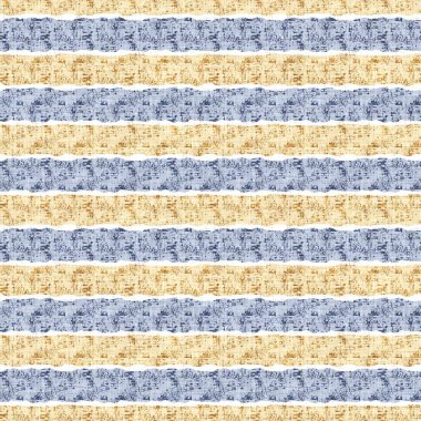 Kusursuz Fransız kırsal mutfak çizgili kumaş deseni. Mavi sarı beyaz yatay çizgili arka plan. Batik Boyası Kaynak Stili Kırsal Örgü Cottagecore Tekstili. 