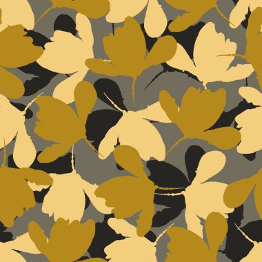 Koyu bohem yaprak desenli, modaya uygun, dikişsiz desen. El yapımı organik botanik moda baskısı. Eski kır evi çekirdek renginde modern yaz bahçesi bitkisi. 