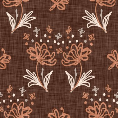 Kusursuz keten karalama çiçek desenli arka plan. Sakin boho dünya renginde duvar kağıdı. Basit modern skandi unisex çiçek tasarımı. Her yerde organik, çocuksu, cinsiyetsiz, tarafsız bir bebek var. El çizimi.