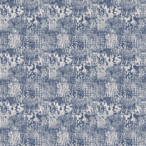 Fransk blå oregelbundet fläckigt linne sömlöst mönster. Tonal country stuga stil abstrakt spräcklig bakgrund. Enkel vintage rustik tyg textil effekt. Primitiv textur shabby chic duk. — Stockfoto