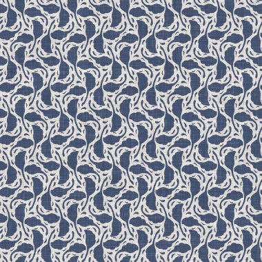 Fransız mavisi karalama motifli keten desenli. Tonal kır evi tarzı soyut karalama motifi arka planı. Basit bir kırsal kumaş tekstil etkisi. İlkel, pejmürde, şık bir kumaş..