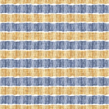Kusursuz Fransız kırsal mutfak çizgili kumaş deseni. Mavi sarı beyaz yatay çizgili arka plan. Batik Boyası Kaynak Stili Kırsal Örgü Cottagecore Tekstili. 