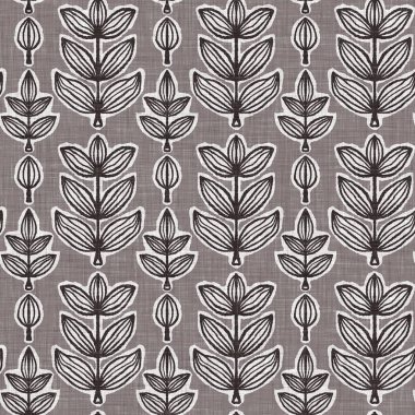 Fransız gri botanik yapraklı keten desenli, 2 tonluk kır evi motifli. Basit bir kırsal kumaş tekstil etkisi. İlkel, eski püskü, şık mutfak bezi tasarımı..