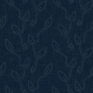 Koyu mavi yaprak boya bloğu deseni. Japon erkeksi boro etkisi kusursuz tekstil arka planı. Ses tonu bozuk wabi sabi nakış stili 