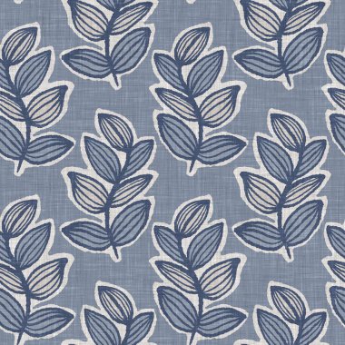 Fransız mavi botanik yaprağı keten desenli ve 2 tonluk kır evi motifli. Basit bir kırsal kumaş tekstil etkisi. İlkel, eski püskü, şık mutfak bezi tasarımı..