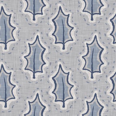 Fransız mavi botanik yaprağı keten desenli ve 2 tonluk kır evi motifli. Basit bir kırsal kumaş tekstil etkisi. İlkel, eski püskü, şık mutfak bezi tasarımı..