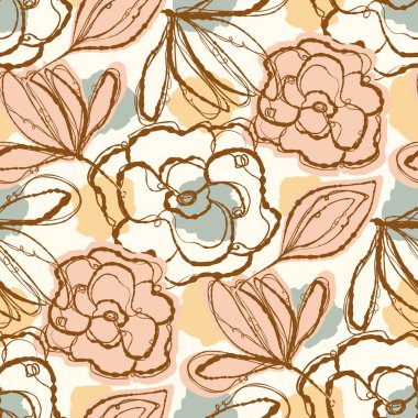 Koyu renkli boho çiçekleri, modaya uygun yaban çiçeği tarzında kusursuz desenli. El yapımı organik botanik moda baskısı. Modern yaz bahçesi, klasik kır evi çekirdek renginde çiçek açtı. 