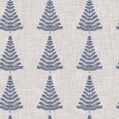 Fransız mavi botanik yaprağı keten desenli ve 2 tonluk kır evi motifli. Basit bir kırsal kumaş tekstil etkisi. İlkel, eski püskü, şık mutfak bezi tasarımı..