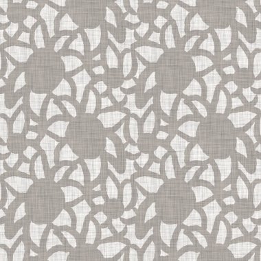 İki tonluk kır evi tarzı botanik motifli Fransız gri keten desenli kusursuz desen. Basit bir kırsal kumaş tekstil etkisi. İlkel, modern, pejmürde, şık tasarım..