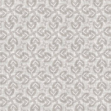 Fransız gri botanik yapraklı keten desenli, 2 tonluk kır evi motifli. Basit bir kırsal kumaş tekstil etkisi. İlkel, eski püskü, şık mutfak bezi tasarımı..