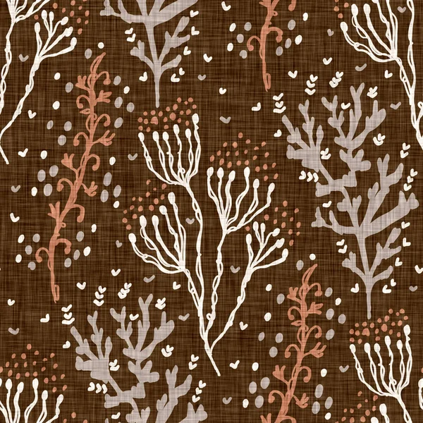 Απρόσκοπτη λινό doodle floral μοτίβο φόντο. Ηρεμία boho γήινη απόχρωση ταπετσαρία χρώμα. Απλά μοντέρνα σκάνδαλα unisex σχεδιασμό λουλουδιών. Οργανικό παιδί ουδέτερο ως προς το φύλο σε όλο το αποτύπωμα. Χειροποίητο. — Φωτογραφία Αρχείου