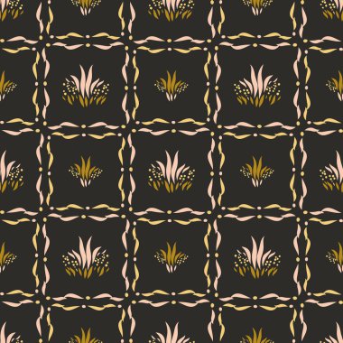 Koyu renkli boho çiçekleri, modaya uygun yaban çiçeği tarzında kusursuz desenli. El yapımı organik botanik moda baskısı. Modern yaz bahçesi, klasik kır evi çekirdek renginde çiçek açtı. 