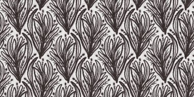 Fransız gri botanik yaprağı, iki tonluk kır evi motifli dikişsiz sınır. Basit bir kırsal kumaş tekstil etkisi. İlkel, eski püskü, şık mutfak bezi tasarımı..