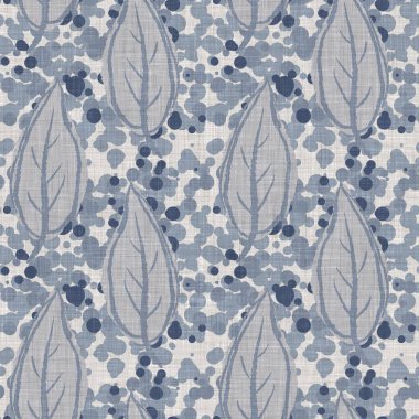 Fransız mavi botanik yaprağı keten desenli ve 2 tonluk kır evi motifli. Basit bir kırsal kumaş tekstil etkisi. İlkel, eski püskü, şık mutfak bezi tasarımı..