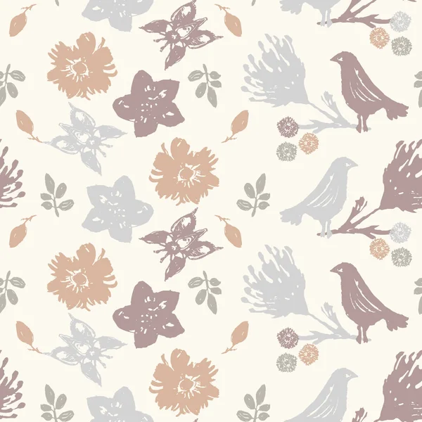 Calm newborn minimal bird seamless pattern. Gender neutral baby nursery decor background. Scandi style sketch wallpaper background tile or toddler inclusive apparel fashion. — Stock Vector