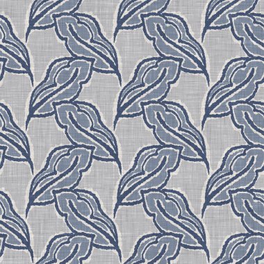 Fransız mavi botanik yaprağı keten desenli ve 2 tonluk kır evi motifli. Basit bir kırsal kumaş tekstil etkisi. İlkel, eski püskü, şık mutfak bezi tasarımı..