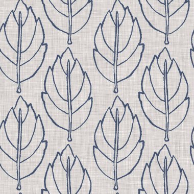 Fransız mavi botanik yaprağı keten desenli ve 2 tonluk kır evi motifli. Basit bir kırsal kumaş tekstil etkisi. İlkel, eski püskü, şık mutfak bezi tasarımı..