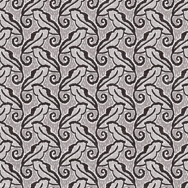 Французский серый ботанический листовой льняной узор без прошивки с двухтоновым кантри-стилем. Простой старинный деревенский текстильный эффект. Первобытная современная потрёпанная шикарная кухонная ткань. — стоковое фото