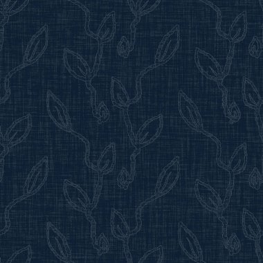 Koyu mavi yaprak boya bloğu deseni. Japon erkeksi boro etkisi kusursuz tekstil arka planı. Ses tonu bozuk wabi sabi nakış stili 