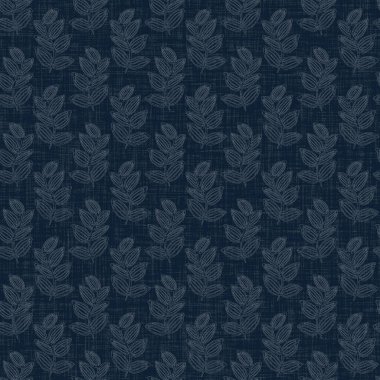 Koyu mavi yaprak boya bloğu deseni. Japon erkeksi boro etkisi kusursuz tekstil arka planı. Ses tonu bozuk wabi sabi nakış stili 