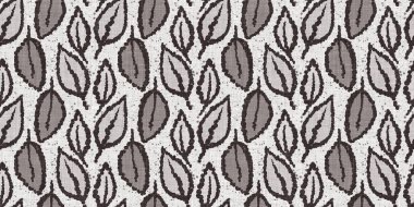Fransız gri botanik yaprağı, iki tonluk kır evi motifli dikişsiz sınır. Basit bir kırsal kumaş tekstil etkisi. İlkel, eski püskü, şık mutfak bezi tasarımı..