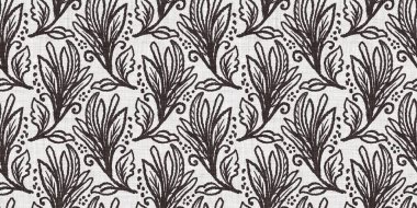 Fransız gri botanik yaprağı, iki tonluk kır evi motifli dikişsiz sınır. Basit bir kırsal kumaş tekstil etkisi. İlkel, eski püskü, şık mutfak bezi tasarımı..