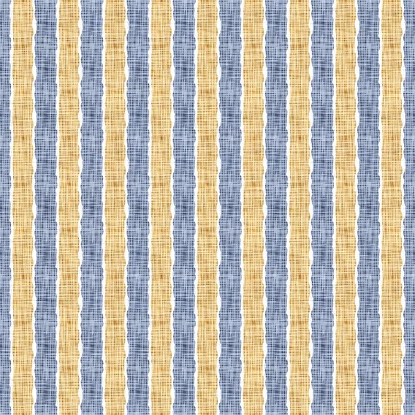 Sem costura francês país cozinha stripe tecido padrão de impressão. Azul amarelo branco vertical listrado fundo. Batik tintura provence estilo rústico tecido cottagecore têxtil. — Fotografia de Stock