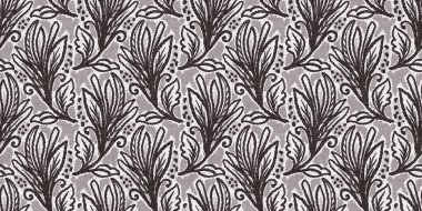 Fransız gri botanik yaprağı, iki tonluk kır evi motifli dikişsiz sınır. Basit bir kırsal kumaş tekstil etkisi. İlkel, eski püskü, şık mutfak bezi tasarımı..