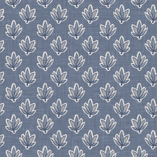 Francia kék botanikus levél vászon zökkenőmentes minta 2 tónusú vidéki ház stílusú motívum. Egyszerű vintage rusztikus textil hatás. Primitív modern kopott elegáns konyhai ruha design. — Stock Fotó