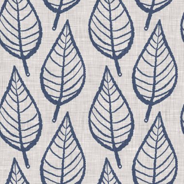 Fransız mavi botanik yaprağı keten desenli ve 2 tonluk kır evi motifli. Basit bir kırsal kumaş tekstil etkisi. İlkel, eski püskü, şık mutfak bezi tasarımı..