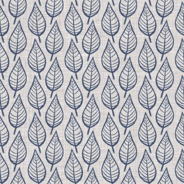 Fransız mavi botanik yaprağı keten desenli ve 2 tonluk kır evi motifli. Basit bir kırsal kumaş tekstil etkisi. İlkel, eski püskü, şık mutfak bezi tasarımı..