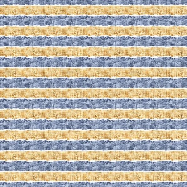 Naadloze Franse land keuken streep stof patroon print. Blauw geel wit horizontaal gestreepte achtergrond. Batik kleurstof herkomststijl rustiek geweven cottagecore textiel. — Stockfoto