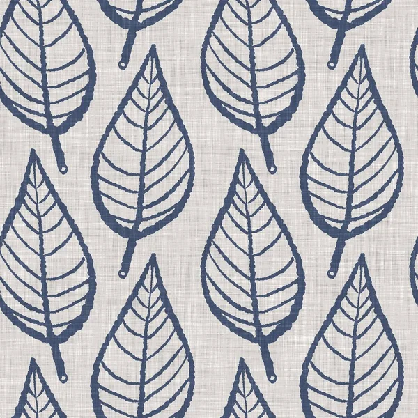 French blue botanical leaf linen seamless pattern with 2 tone country cottage style motif. Simple vintage rustic fabric textile effect. Primitive modern shabby chic kitchen cloth design.
