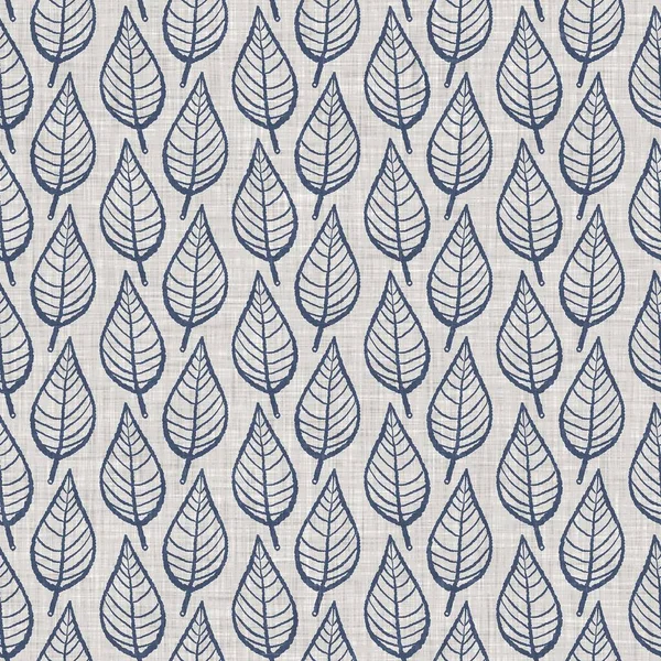 French blue botanical leaf linen seamless pattern with 2 tone country cottage style motif. Simple vintage rustic fabric textile effect. Primitive modern shabby chic kitchen cloth design.
