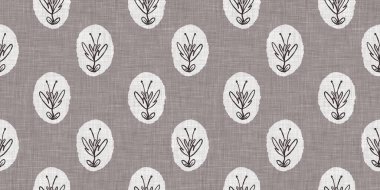 Fransız gri botanik yaprağı, iki tonluk kır evi motifli dikişsiz sınır. Basit bir kırsal kumaş tekstil etkisi. İlkel, eski püskü, şık mutfak bezi tasarımı..