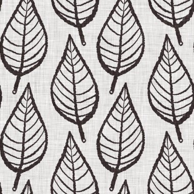 Fransız gri botanik yapraklı keten desenli, 2 tonluk kır evi motifli. Basit bir kırsal kumaş tekstil etkisi. İlkel, eski püskü, şık mutfak bezi tasarımı..