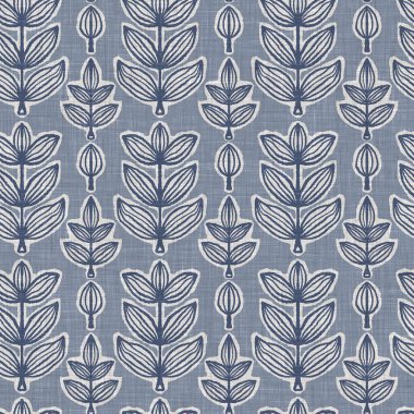 Fransız mavi botanik yaprağı keten desenli ve 2 tonluk kır evi motifli. Basit bir kırsal kumaş tekstil etkisi. İlkel, eski püskü, şık mutfak bezi tasarımı..