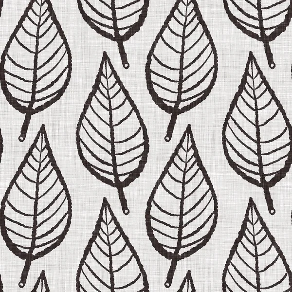 French grey botanical leaf linen seamless pattern with 2 tone country cottage style motif. Simple vintage rustic fabric textile effect. Primitive modern shabby chic kitchen cloth design.