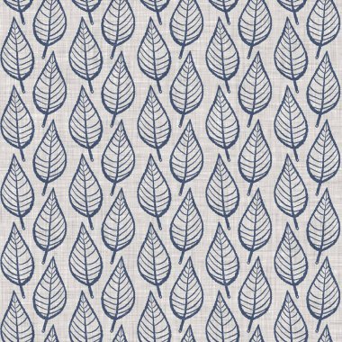 Fransız mavi botanik yaprağı keten desenli ve 2 tonluk kır evi motifli. Basit bir kırsal kumaş tekstil etkisi. İlkel, eski püskü, şık mutfak bezi tasarımı..