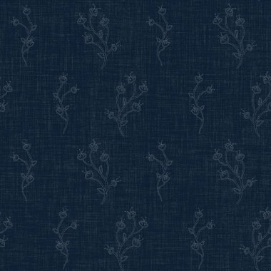 Koyu mavi yaprak boya bloğu deseni. Japon erkeksi boro etkisi kusursuz tekstil arka planı. Ses tonu bozuk wabi sabi nakış stili 